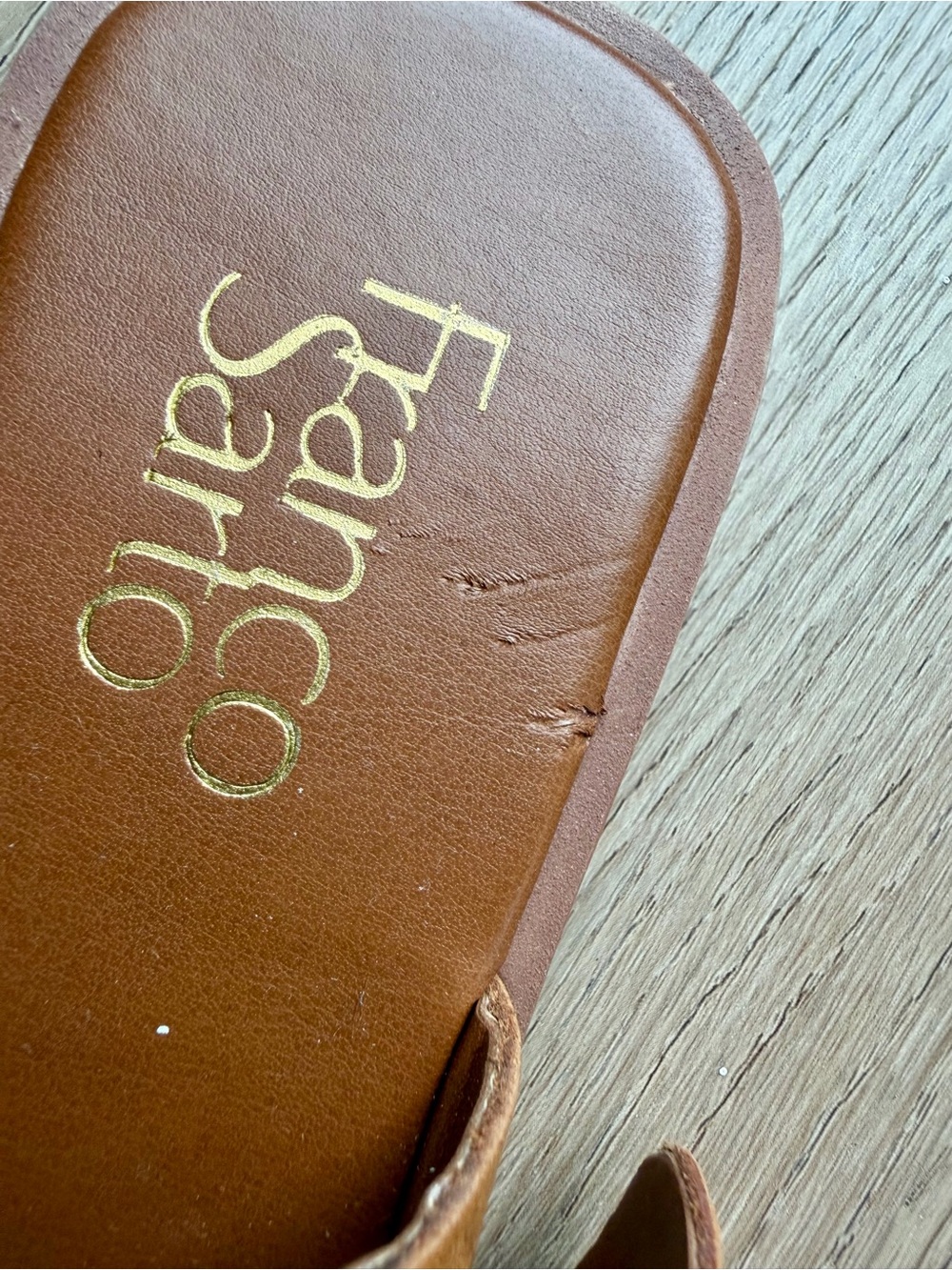 Franco Sarto Cognac Leather Slide Sandals with Gold Buckle - Picture 5 of 7